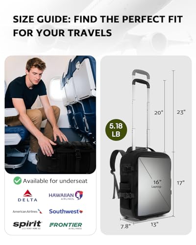 Image of AUROTIER Rolling Tactical Laptop Backpack, Underseat Travel Backpack with Wheels, 16 Inch Wheeled Computer Backpack for Men and Women, Roller Overnight Molle Outdoor Hiking College Carry on Luggage