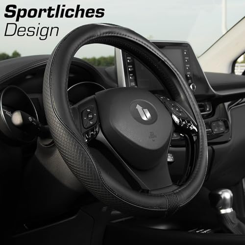 Upgrade4cars Lenkradbezug Leder-Optik Schwarz | Lenkradhülle Universal 37-38 cm für Sommer & Winter | Autozubehör Innenraum Geschenk-Ideen | Geschenke für Frauen und Männer