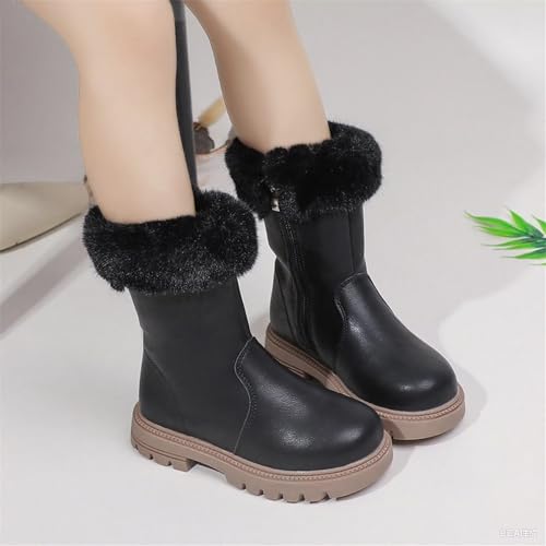Toddler Girls Mid-Tube Snow Boots Winter Thick-Sole Low Heeled Short Boots Plush Lined Warm Straight Booties Leather Waterproof Combat Boots4