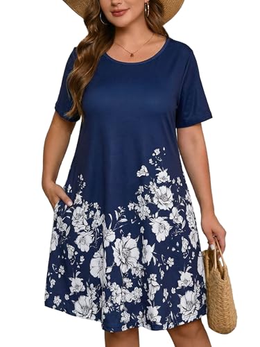 Image of AusLook Plus Size Midi Dress for Women Casual Summer Short Sleeve A Line Swing Dress with Pocket Round Neck Flowy Dress 1X-5X