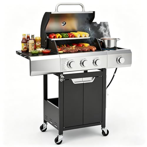 Image of EUHOME 3 Burner Propane Gas Grill with Side Burner, 40,500 BTU Stainless Steel BBQ Grill, 380 Sq.In Cooking Area, Cast Iron Grates, Outdoor Gas Grill for Patio, Backyard, Garden & Outdoor Cooking