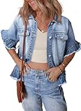 Sidefeel Womens Denim Jackets Casual Short Sleeve Button Down Ruffle Jean Jackets Trendy Washed Jean Jackets Light Blue M