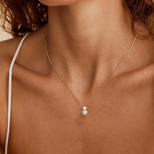 Pearl Necklaces for Women, Dainty Gold Necklace 14K Gold Plated Charm CZ Pearl Pendant Necklace Simple Gold Pearl Choker Necklaces for Women Trendy Wedding Womens Jewelry2