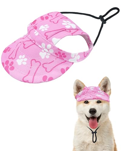 PET SHOW Dog Baseball Cap Paw Print Dog Visors for Medium Large Dogs Waterproof Pet Sun Hats with Ear Holes Adjustable Drawstring Girl Puppy Hat -Pink/L