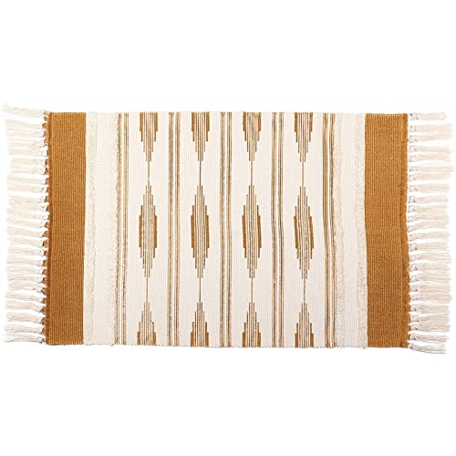 Yellow Bohemian Bathroom Rug with Tassels, Bohemian Style Mat (23.6 x 35 Inches)