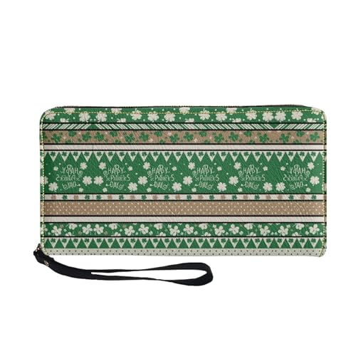 Green Stripe Pattern Womens Wallet RFID Blocking Zip Around Clutch Large Capacity Leather Multi Card Slot Purse Wristlet Strap Gifts for St.Patrick's Day