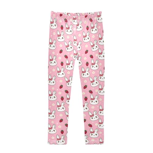 Cute Rabbit with Strawberry and Star Girls Leggings Kids Yoga Pants Athletic Tights Pants 4-10 Years