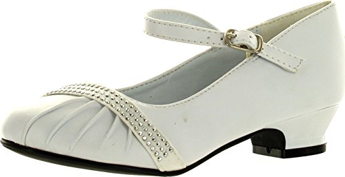 Girls Mary Jane Shoes with Pretty Satin Rolled Rosettes Patent Leather,Wht-Wet,9