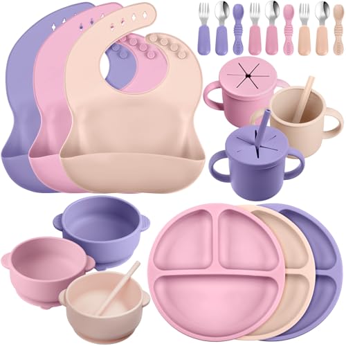Image of Yinder 24 Pack Silicone Baby Feeding Set Baby LED Weaning Supplies Includes Suction Divided Plates Soft Bowl Spoons Forks Adjustable Bib Snack Cup and Straws (Purple, Pink, Nude)