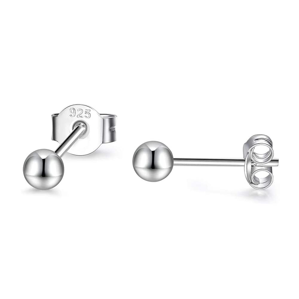SNORSOSilver Stud Earrings for Women, Hypoallergenic Sterling Silver Round Ball Studs Earrings, Colors: Silver/Gold/Rose Gold, Size:3mm, 4mm, 5mm
