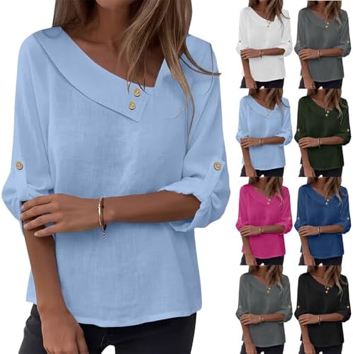 3/4 Sleeve Tops for Women Casual Solid V Neck Linen Shirts Lightweight T-Shirt Blouse