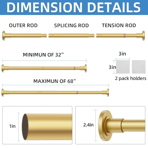 Image of CorkLatta Gold Shower Curtain Rod,1 Inch Diameter Stainless Steel Adjustable Spring Tension Rods 32 to 68 inch,with Holders,Anti-Slip,Curtain Rods No Drilling(1 Pack)