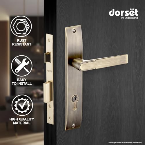 Image of Dorset Zinc Zovi Mortise Lockset - Main Door Lock Handle Set | 10 inch Plate, Key and Knob Cylinder Lock (60mm) | Mortise Lockset Main Door and Bedroom Doors 3 Keys, Antique