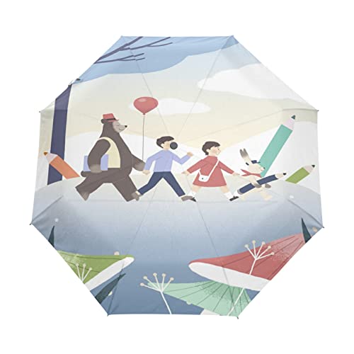 Parapluie anti-UV et coupe-vent automatique avec motif ours mignon