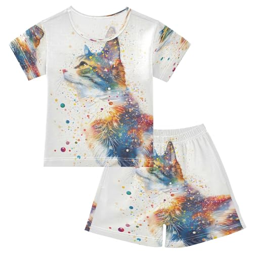 senya Short Sleeve Pajamas Sets Summer Cotton Sleepwear Watercolor Cat
