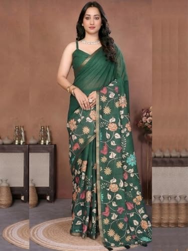 Image of SAMANTHA Black Floral Print Ready to Wear Linen Saree with Pocket & Adjustable Belt