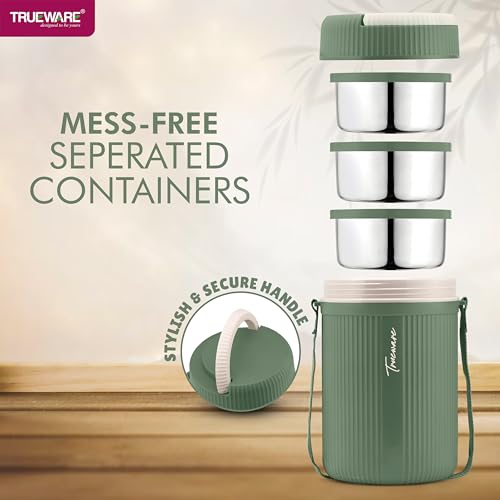 Image of Trueware Plastic Grub 3 Double Wall Insulated Hot Lunch Box with 3 Ss Container 300 Ml Each | Bpa Free | Food Grade | Hot and Fresh Many Hours, Green (LBI-GRB-003-Green BAZ)