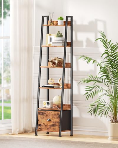 Image of Furologee Bookshelf Set of 2, 6-Tier Ladder Shelf, Ladder Bookshelf with Drawer, Set of 2 Bookshelves, Metal Storage Shelf for Living Room, Home Office, Bedroom, Balcony,Kitchen, Rustic Brown