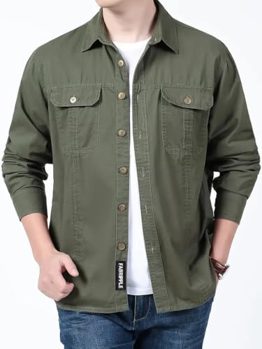 Image of FABRIPPLE Men's Cargo Jacket Shirt | 100% Cotton | 6 Pocket Utility Overshirt | Casual & Outdoor Wear | Breathable & Lightweight Fabric