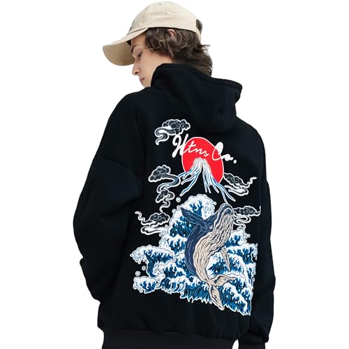 Men's Japanese Whale Graphic Hoodies Fashion Streetwear Hoodie Men Baggy Design Sweatshirt Black Pullover Mens