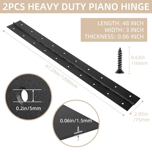 2 Pack Heavy Duty Piano Hinges, 48 Inch x 3 Inch Open Width Stainless Steel Piano Hinge 0.06" Thick Black Continuous & Piano Hinges with Screws for Wood Furniture, Door, Wooden Box by LITLANDSTAR - Used condition - Image 2