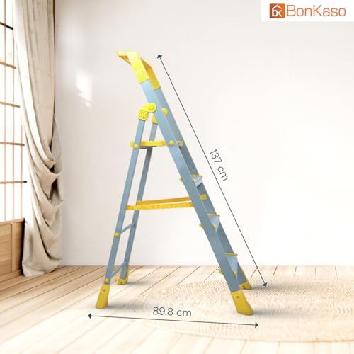 Image of BonKaso Climb Lite Pro+ 4 Step Foldable Ladder with Tool Tray (89.8W x 137H Cm)| Heavy-Duty, Anti-Slip & Firm Grip, Load Capacity Upto 120kg | Durable & Portable (Aluminium Step, Yellow & Satin)