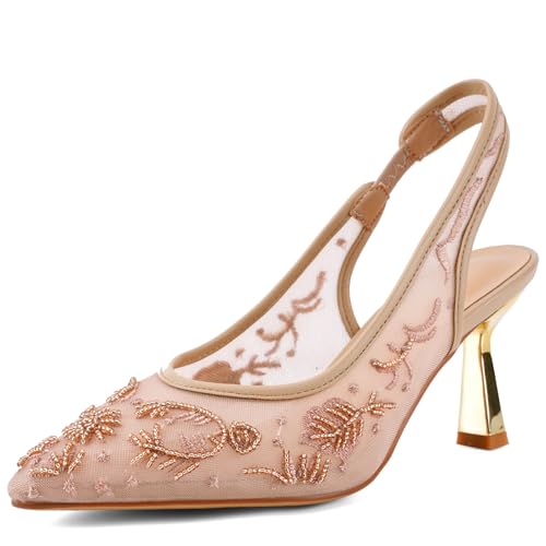 ZBOT Women's Lace Mesh Heeled Sandals with Back Strap, Embroidered Kitten Heels, Pearl Embellished Bridal Heels, Open Toe Backless Sandals-Apricot-8