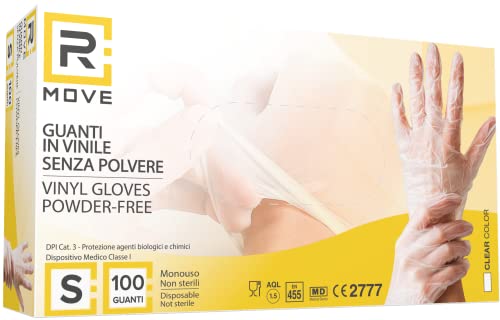 100 Guanti In Vinile Rmove Nuovo Modello Senza Polvere, Senza Lattice, Ipoallergenici, Certificati Ce Monouso Trasparenti (S)