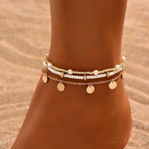 Image of Ankle Bracelets for Women Stretch Boho Pearl Bead Gold Anklets Layered Sequins Foot Chain Hawaiian Beach Conch Summer Vacation Travel Foot Jewelry
