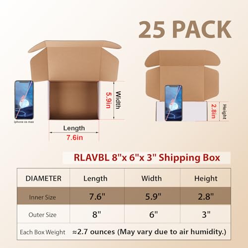 Image of RLAVBL 8x6x3 Inches Shipping Boxes Set of 25, White Small Corrugated Cardboard Box, Mailer Boxes for Packing Small Business