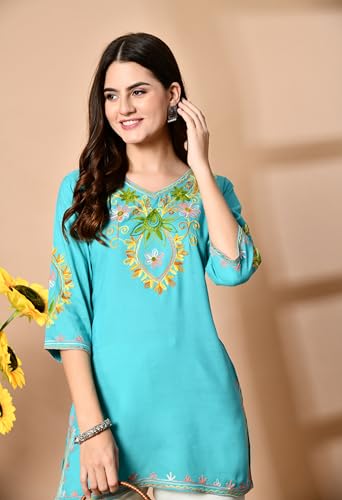Image of LIBOZA Embroidered Kashmiri Tunic Top, Short Kurti for Women on Jeans, V-Neck, 3 /4 Sleeve, Floral Design,