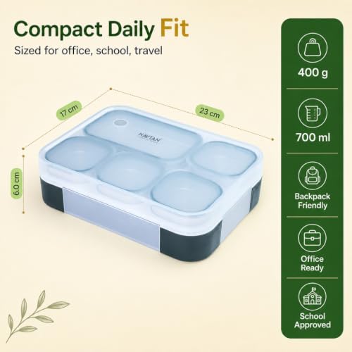Image of ZenBox Stainless Steel Bento Lunch Box, Leak-Resistant Tiffin Box, BPA-Free Food Container for Office, School and Everyday Use (Green, 5 Compartment)