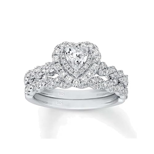 Image of Luxury Wedding Ring Sets for Women Heart 1CT AAAAA CZ White Gold Plated S925 Sterling Silver Engagement Ring Wedding Band