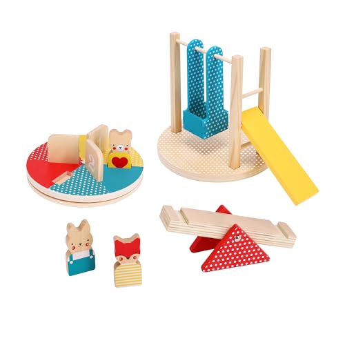 Image of Petit Collage: at The Park Wooden Playset - Wooden Playset for Ages 12mo+ - Includes 4 Moveable Park Rides and 3 Animal Characters - Made with FSC Wood - Makes a Great Gift Idea
