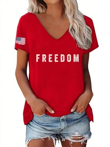Freedom T Shirt for Women Funny 4th of July Patriotic Shirts Casual V Neck Letter Print Graphic Short Sleeve Tee TopsXX-Large Red