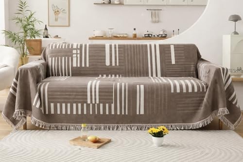 Image of The Furnishing Tree Reversible Double Sided Chenille Throw Sofa Cover, Anti-Slip Couch Cover, Comfy Sofa Towel for All Seasons, 3 Seater, Minimalist and Geometric Pattern Light Brown