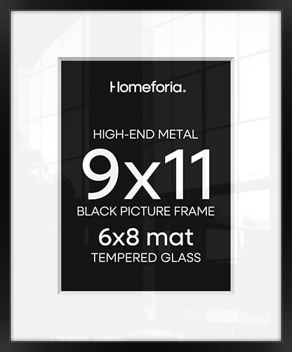 Image of Homeforia 9x11 Black Picture Frame, High-End Metal, 6x8 Mat, Glass | High End Aluminum, Tempered Glass, Acid-Free 6x8 Removable Mat, 9x11 in Edge-to-Edge Display 11x9, Wall Kit, Set Of 3