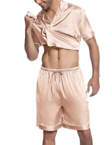 Image of Ekouaer Mens Satin Pajamas Set Button-Down Short Sleeve Shirt Top Soft Silk Sleepwear Shorts with Pockets