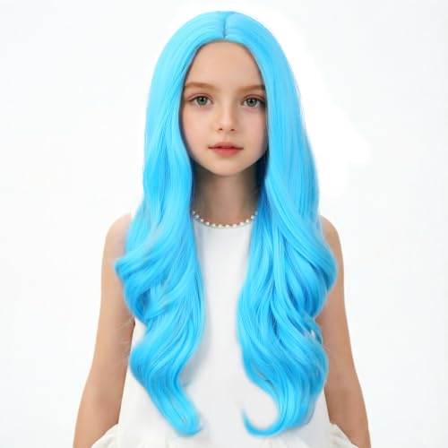 Image of Sky Blue Wig Long Blue Middle Part Wig Long Wavy Curly Wigs Heat Resistant Synthetic Wigs for Daily Party Use