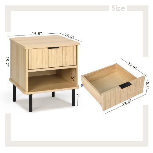TUSY 2PCS Natural Oak Nightstand with Storage and Drawer, 2-Tier Bedside Table for Bedroom, Easy Assembly Fluted Night Stand