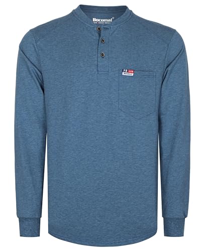 Image of BOCOMAL FR Shirts for Men Long Sleeve EX Soft Flame Resistant Henley CAT2 | NFPA2112 6oz Midweight Cotton Knit Heather Series,Moisture-Wicking /Breathable,Chest Pocket,Rib-Knit Cuffs,Summer Work T Shirt