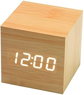 Onerbuy Wooden Digital Cube Alarm Clock Touch Sound Activated Desk Clock Portable Travel