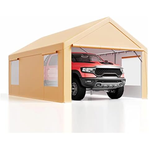 Luckyberry 10'x 20' Heavy Duty Carport with Roll-up Ventilated Windows, Portable Garage with Removable Sidewalls & Doors for Car, Truck, Boat, Car Canopy with All-Season Tarp, Beige Cover