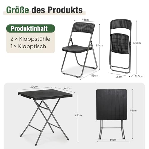 Sekey Balkonset 3 Teilig Klappbar, Balkonmöbel Set Kleiner Balkon 2 Personen, Balkon Möbel Set Rattan Wetterfest, Belastbarkeit Klappstuhl 200KG & Klapptisch 50KG 6