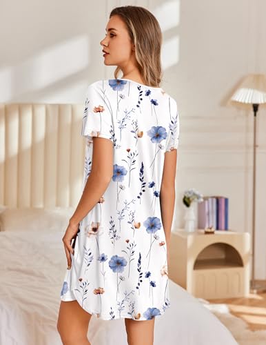 Image of Ekouaer Nightgowns for Women Pleated Sleep Shirts Short Sleeve Night Shirts Lace Trim Night Gown Ladies Sleep Dress