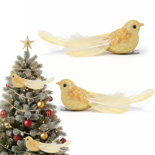 2 Stück Champagner Christbaumschmuck Vögel, Medium, Gold,...