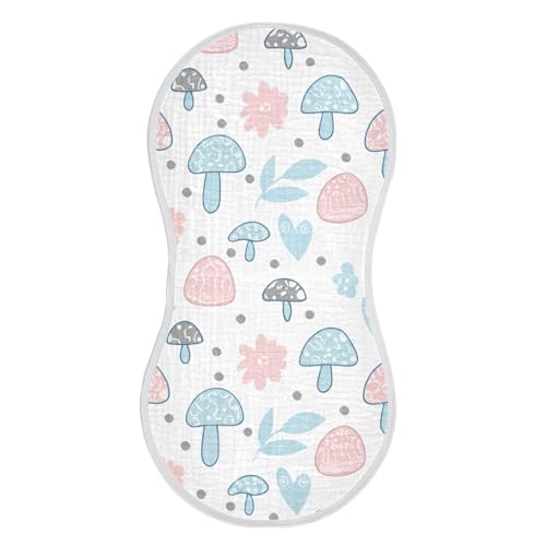 Blue Mushrooms Muslin Burp Cloths 22x11 Inch - 4-Layer Organic Cotton & TPU Waterproof Lining, Absorbent Baby Bibs for Boys/Girls with Hanging Loop