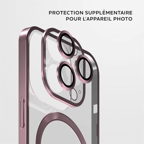 Coque iPhone 14 Pro anti rayure caméra protection MagSafe rose transparente