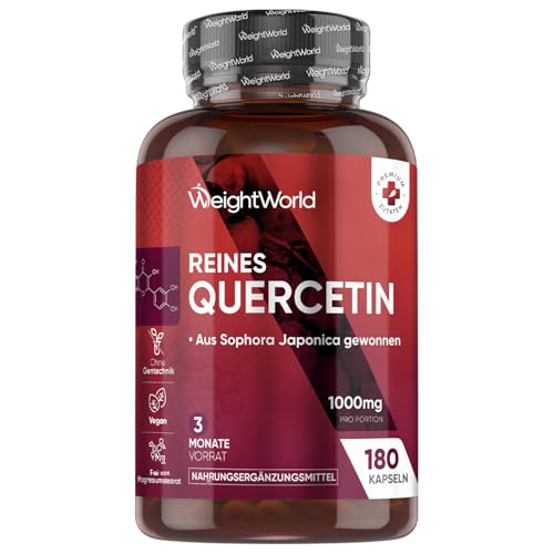 Reines Quercetin 1000mg pro Portion - 180 vegane Kapseln - 3 Monate Vorrat - Aus der Saphora Japonica - 2 Kapseln Täglich - Frei von Magnesiumstearat Ohne Gentechnik & Gemäß GMP - WeightWorld