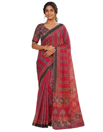 Image of SIRIL Women's Printed Cotton Linen One Minute Ready to Wear Saree With Unstitched Blouse Piece